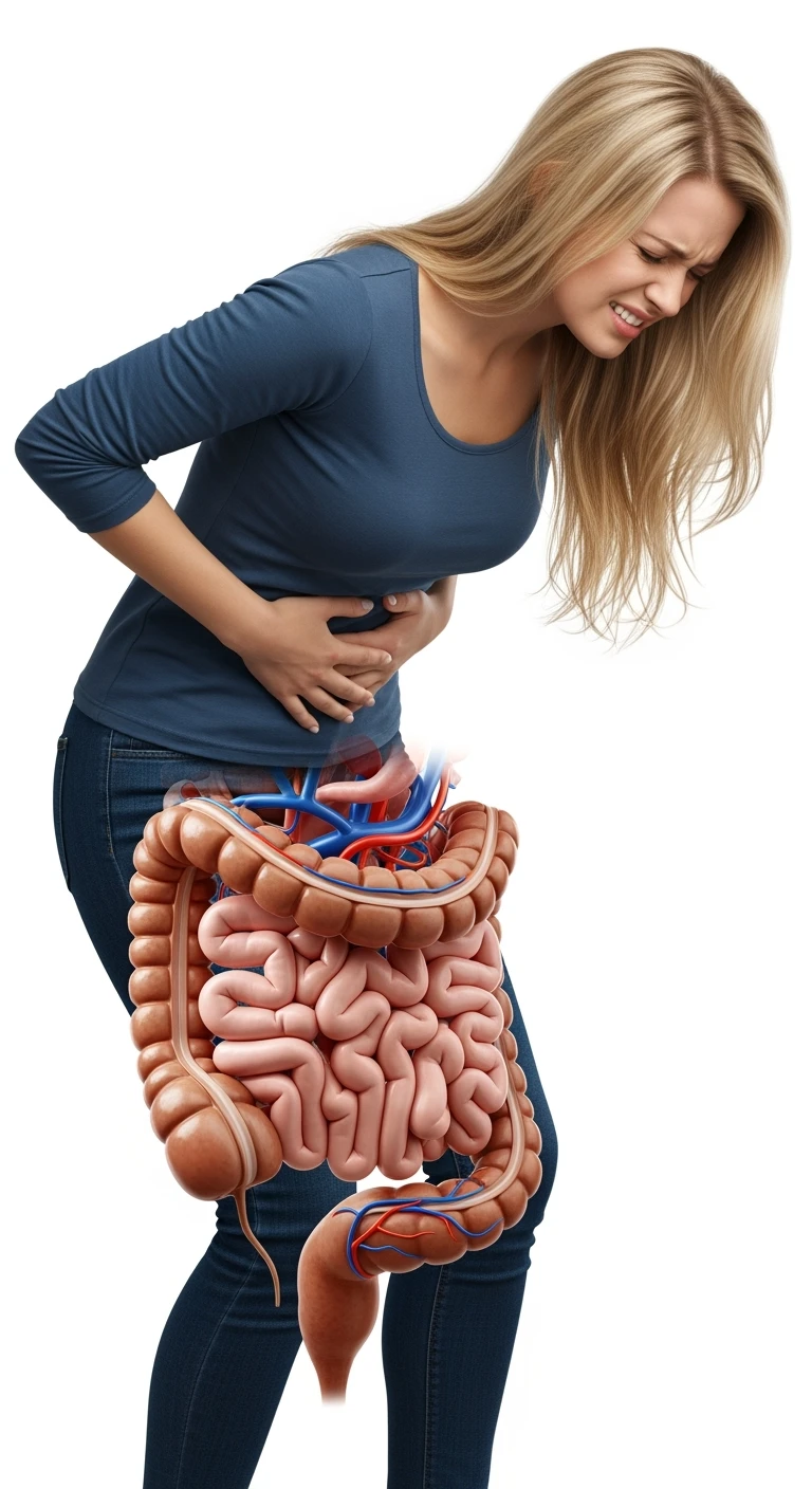 donna giovane piegata in avanti con mal di pancia e INTESTINO UMANO ANATOMICO IN EVIDENZA, iperrealistica 4k, ISOLATA SU SFONDO BIANCO emoji