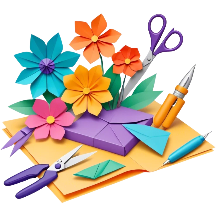 Paper crafting icon, various paper crafts like origami, 3D paper flowers, and scrapbooking materials, visible tools such as scissors, glue stick, and colour paper sheets, colorful paper patterns, minimalistic style, clean lines, transparent background. emoji