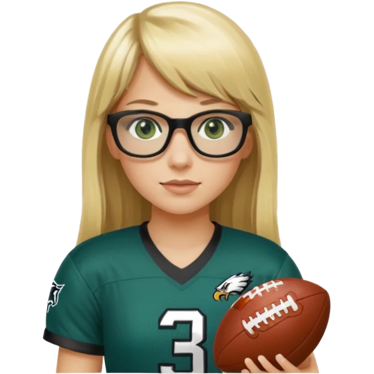 long blonde hair with bangs small black rectangle glasses female green eyes football player wearing eagles jersey number 33 holding football emoji