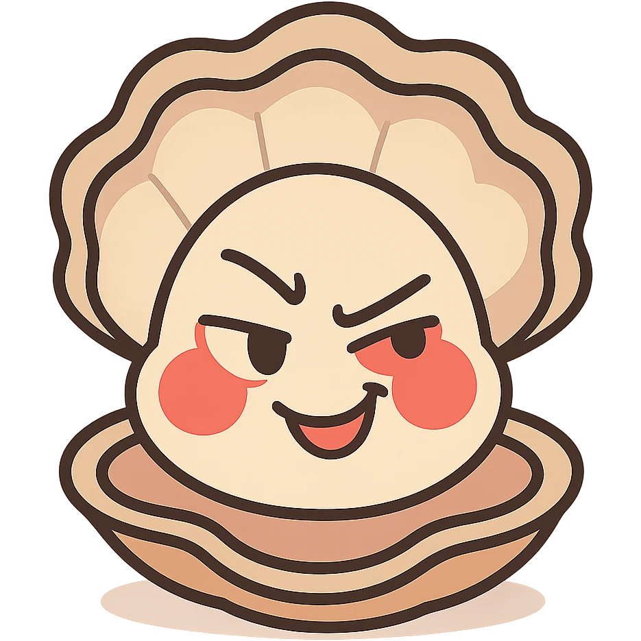 Create a cute oyster with a winking and malicious expression, very red cheeks, using cream and greige colors. Inspired by the reference image, in pastel toon style. Transparent background. emoji
