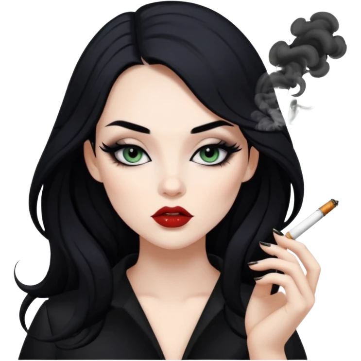 gorgeous pale girl long black hair with dark makeup smoking blowing smoke baddie winged eyeliner  emoji