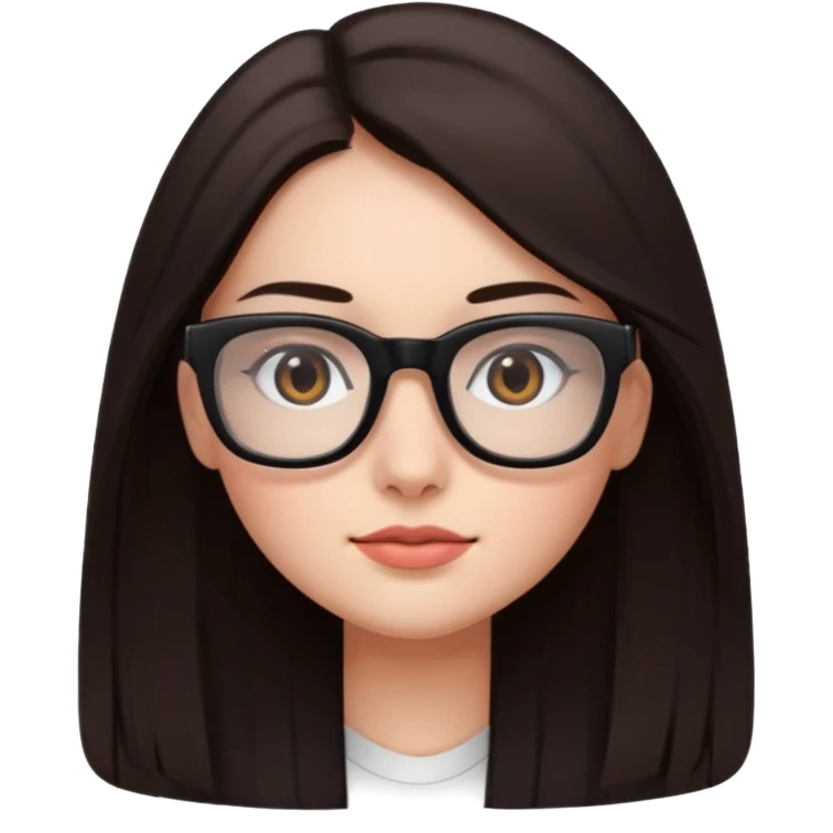 une ado, brune aux cheuveux tres fonces longs lisses blanche, ,lunettes carres noires, yeux bruns joues rose emoji
