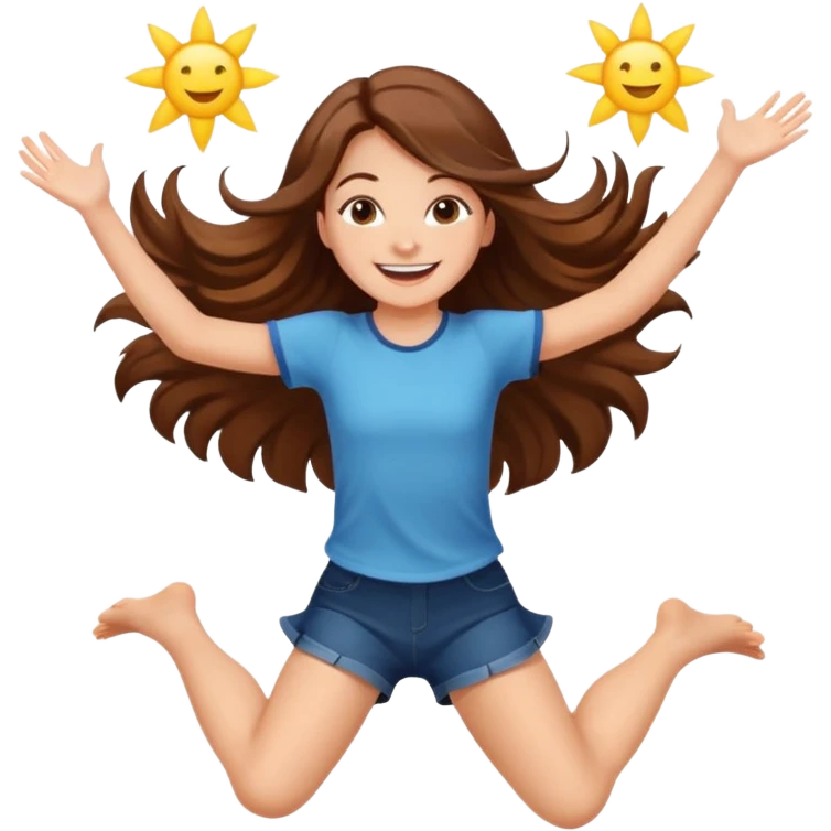 Girl with long brown hair happy jumping in the air with sunbeams in the background  emoji