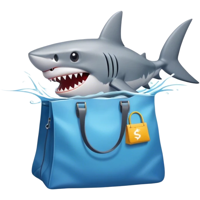 "Storm for Success" - a shark in a branded bag swims through a financial storm. emoji