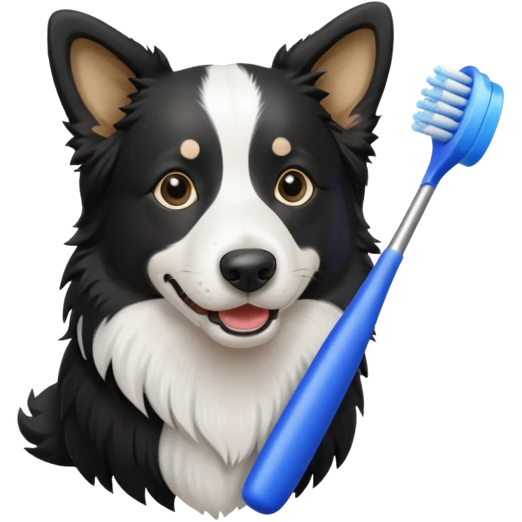 border collie black and white holding a blue toothbrush emoji