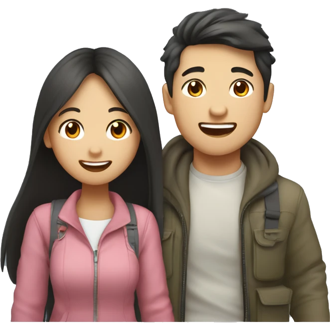 Cute Asian couple (girl with wavy long hair guy with short straight hair) excitedly traveling  emoji