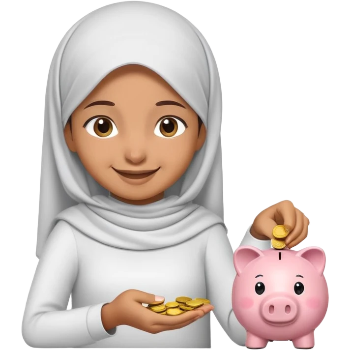 smiling Muslim girl carefully putting coins and bills into piggy bank, emoji style emoji