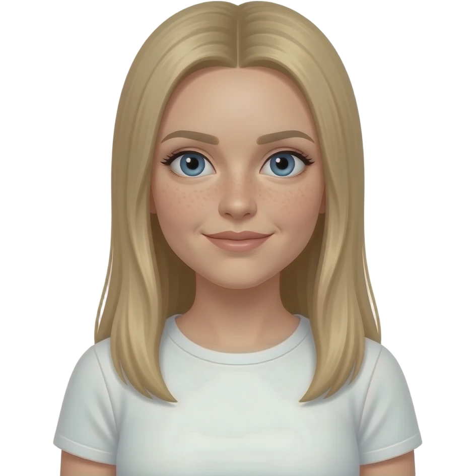 36 year old irish woman with blue eyes, pale skin with freckles, thin face, high forehead,  and long, straight, blonde hair with middle parting wearing a white t-shirt emoji