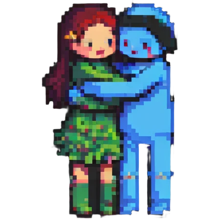 Pixelated characters hugging emoji