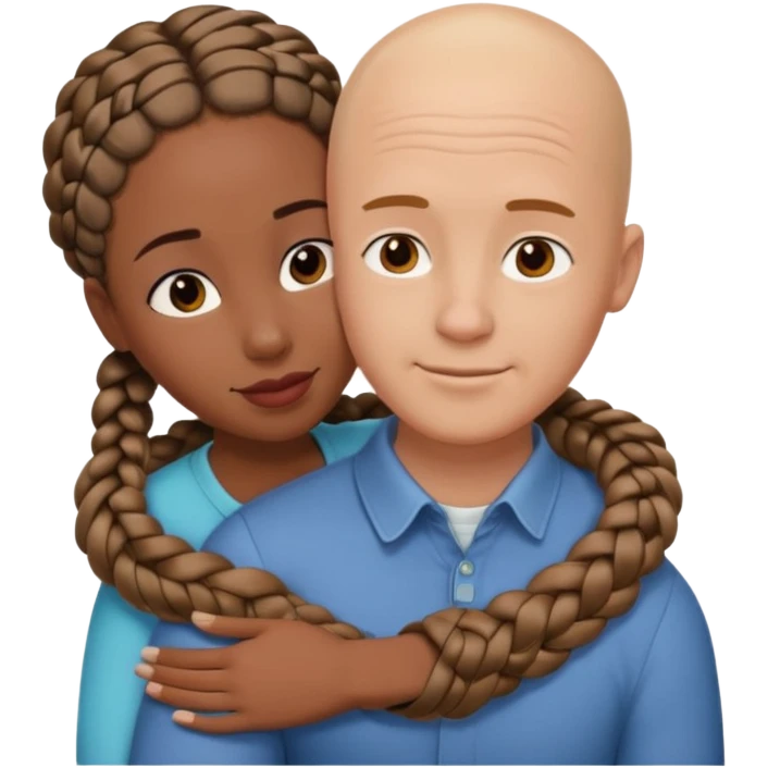 Bald white guy hugging black female friend with braids emoji