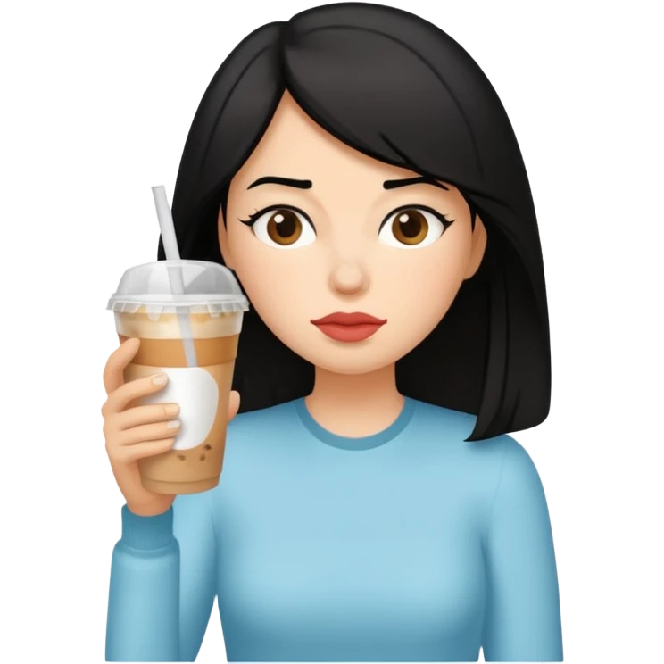 컴퓨터하면서 아이스 아메리카노(테이크아웃 잔에 담긴)를 많이 마시고 있는 피곤해보이는 검은머리 여자 emoji