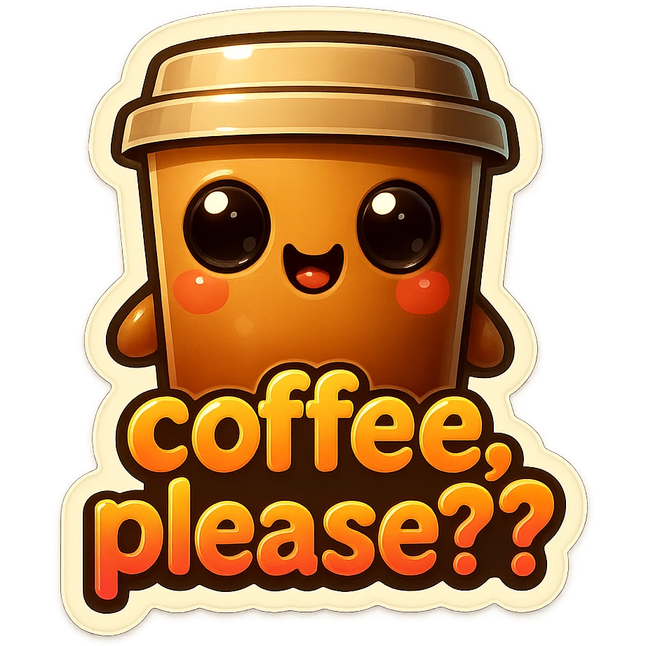 Tall coffee cup, big begging eye, big "coffee, please?? emoji