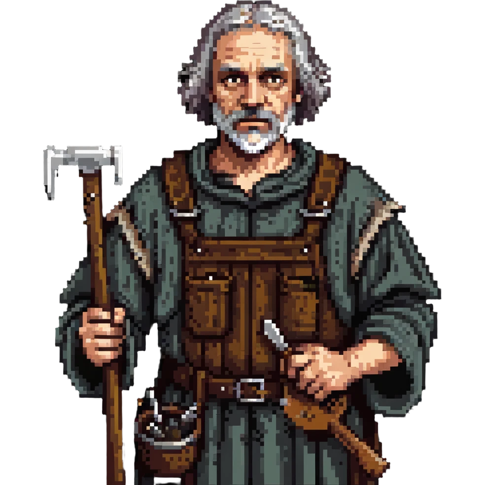 middle-aged peasant man in ragged medieval clothes with dirty face and simple tools emoji