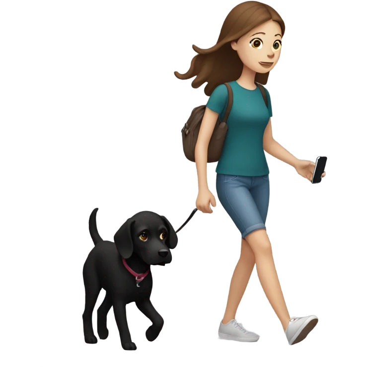 white girl with brown hair walking her black dog and using her iPhone emoji