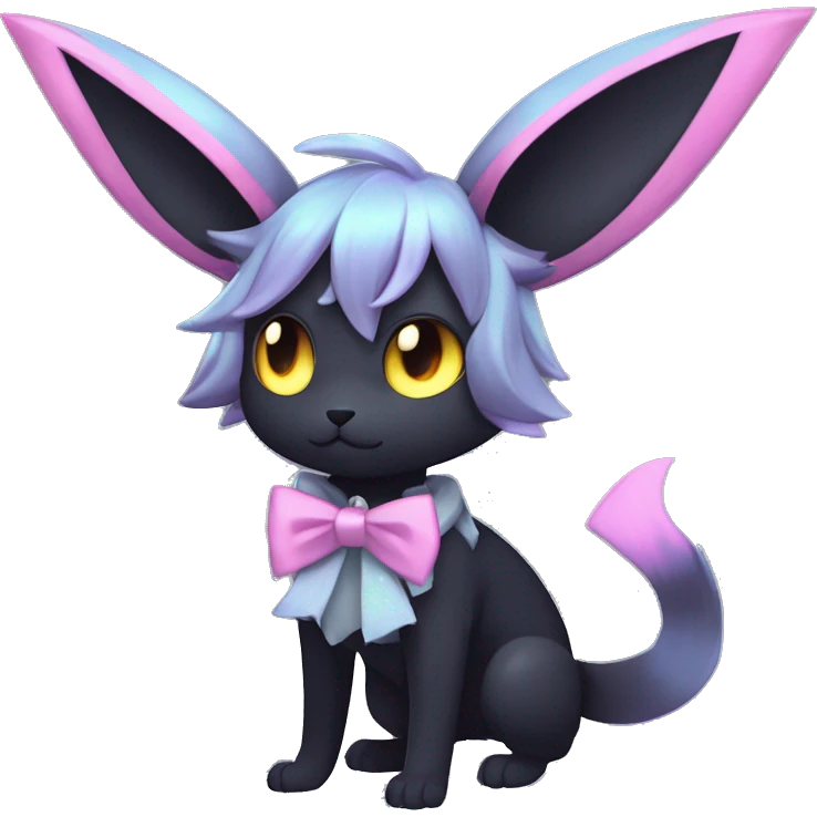 Shiny Cool Edgy pastel Black beautiful ethereal fantasy Kawaii Sona Umbreon-Noibat-Litten-Fakemon-cat-animal with edgy bat-ears bow tie black mane vtuber model Full Body emoji