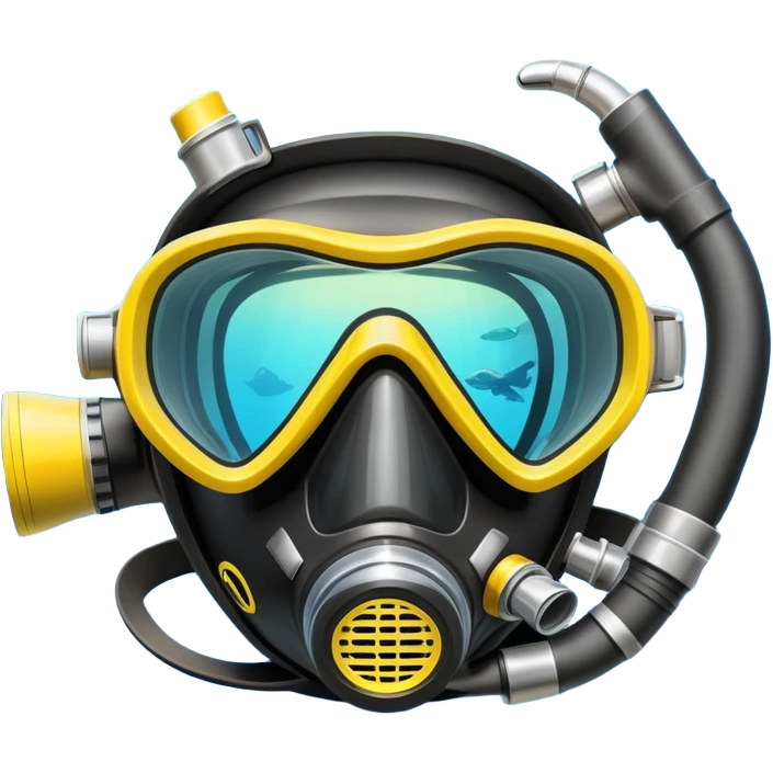 An icon featuring a close-up of a scuba diving mask, fins, and oxygen tank, with vibrant coral reefs and fish in the background. The design emphasizes the equipment and underwater beauty, symbolizing the thrill of exploring the deep sea. Transparent background highlights the serenity of the ocean. emoji