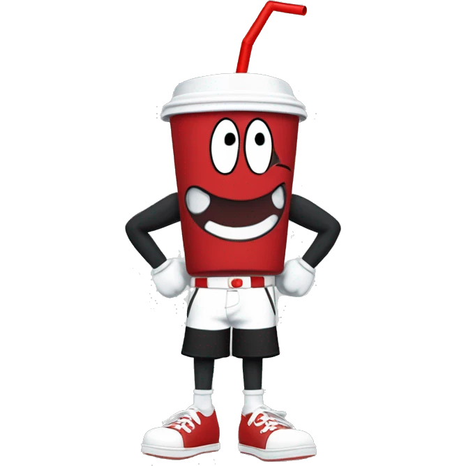 The character made from MDR studios called Cuphead.He has a cup for a head and a red and white straw on top.Black torso and arms .his hands are white.He wears red shorts and he has black legs.And his shoes are white. emoji