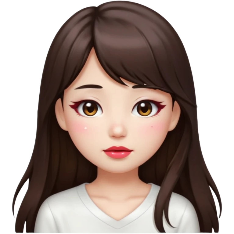 “japanese style Emoji brunette girl long hair with side bangs white top, dewy skin, heavy blush across cheeks and nose bridge, glossy cherry lips, soft eyeliner, teary sparkling eyes emoji