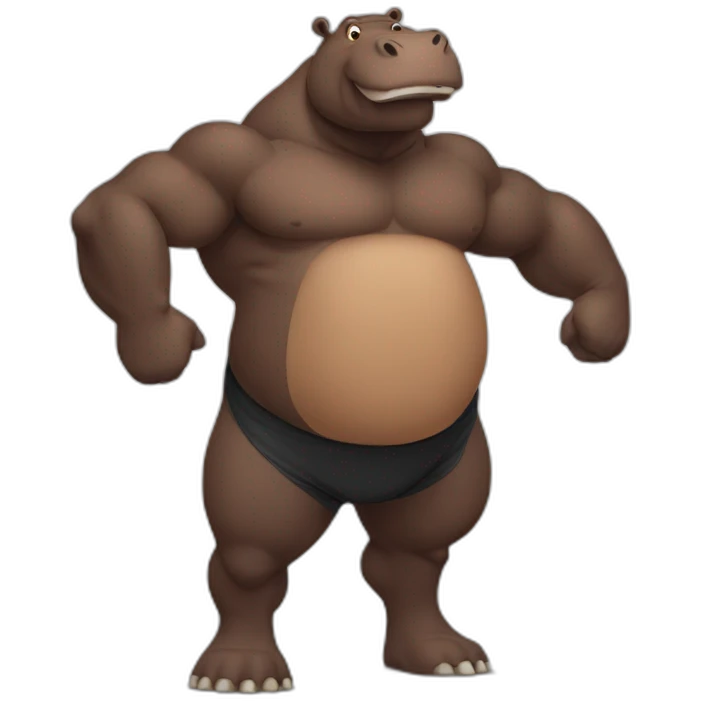 Big brown hippo with big belly doing a standing body building pose emoji