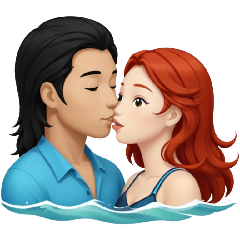 long black haired asian guy kiss redhead girl in ocean emoji