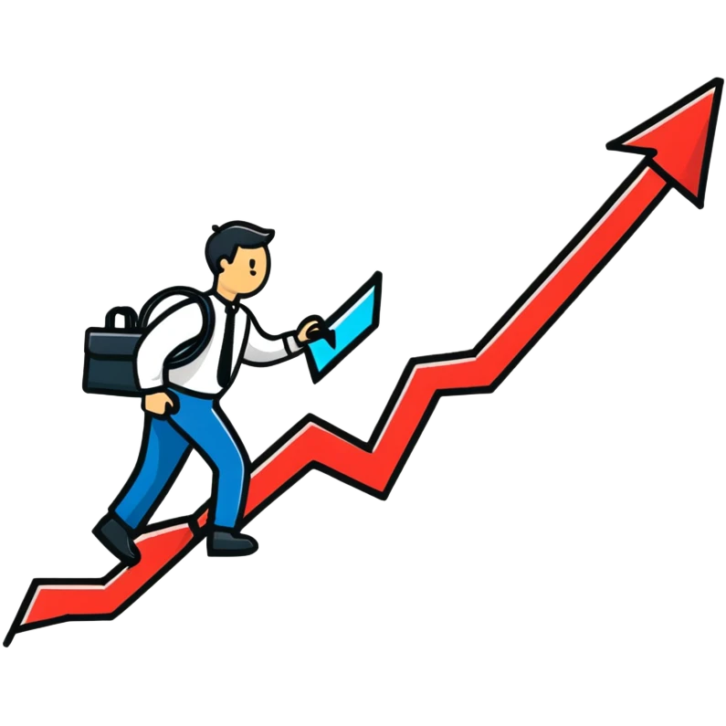 Happy entrepreneur climbing up a business chart graph with briefcase emoji