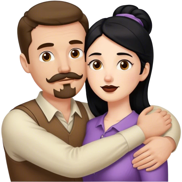 Tall white man with brown mustache goatee AND a short pale woman with long black hair, hugging emoji