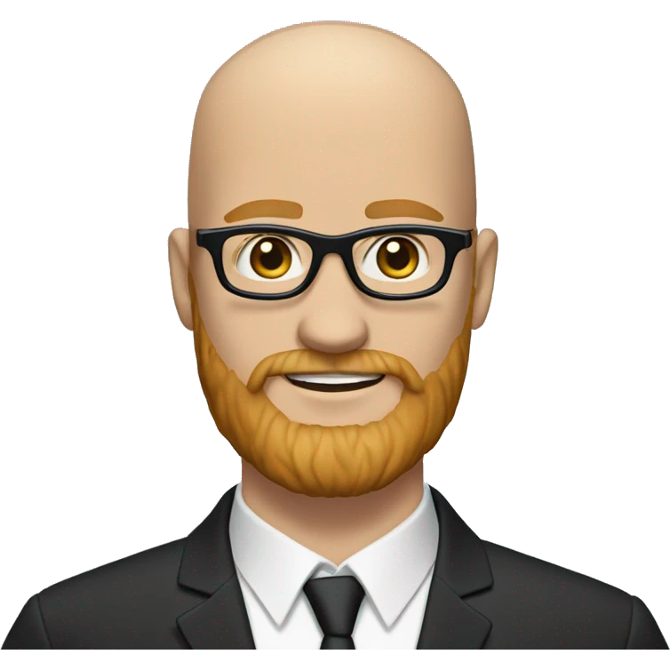 White groom with black glasses blue eyes no hair and strawberry blonde large beard emoji
