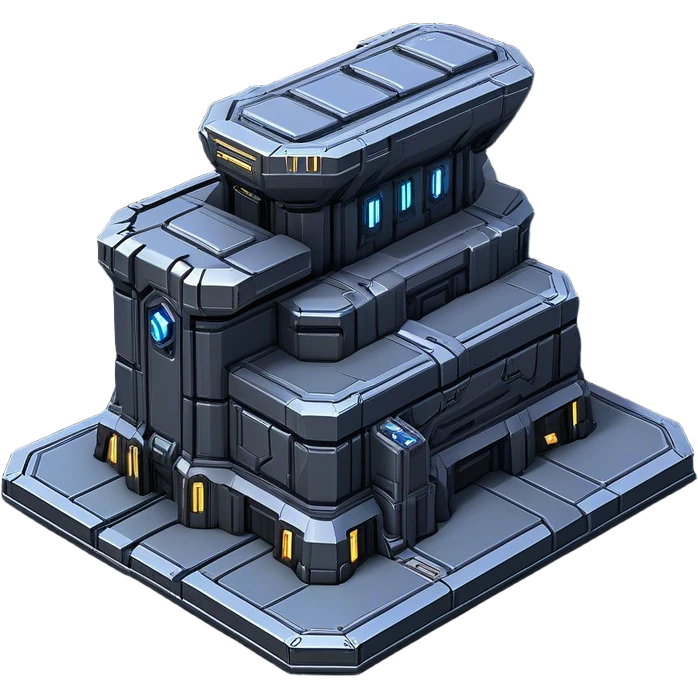 StarCraft-inspired, isometric RTS building with a rugged Terran look: thick metal plating, rivets, subtle wear, and a gunmetal palette plus one accent color. Add minimal glowing panels for a high-tech feel. Keep it compact—like a forward outpost—and show it from a clean isometric angle, emphasizing an industrial sci-fi style and clear silhouette. emoji