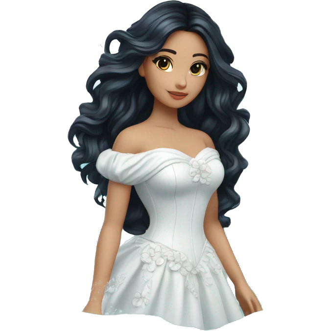 Pretty young Lady doll posing posed pose with long black hair flowers in hair white dress surrounded by flowing water water swirls waves emoji
