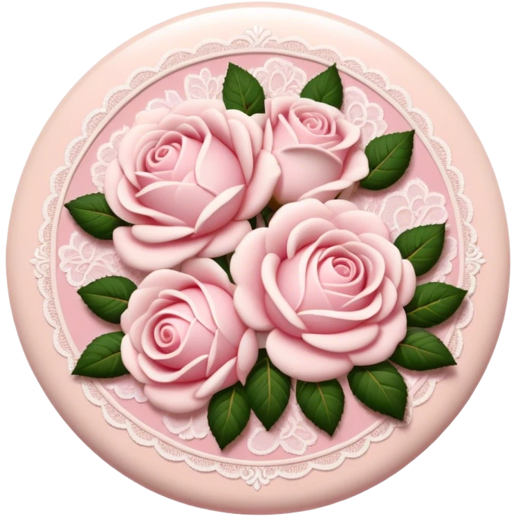 A round light cream colored button with light pink damask lace and white roses emoji