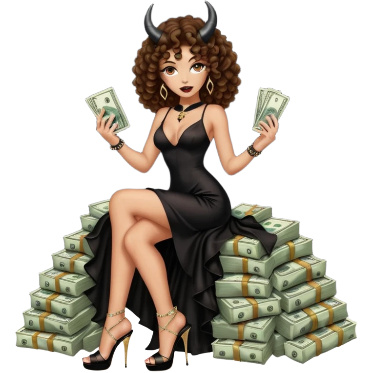 seductress evil brown curly haired sexy drug lord woman with clear glittery platform heels on her feet and devil black long silky sexy cutout dress, wearing black horns on her head, holding a stack of cash, has a phone in  other hand emoji