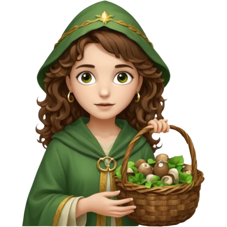 very beautiful italian girl, looking like Emma Watson, with curly and big volume very bright brown hair, and a golden piercing ring in nose on left side, dressed in a beautiful wizard robe of green colors, with basket of mushrooms emoji