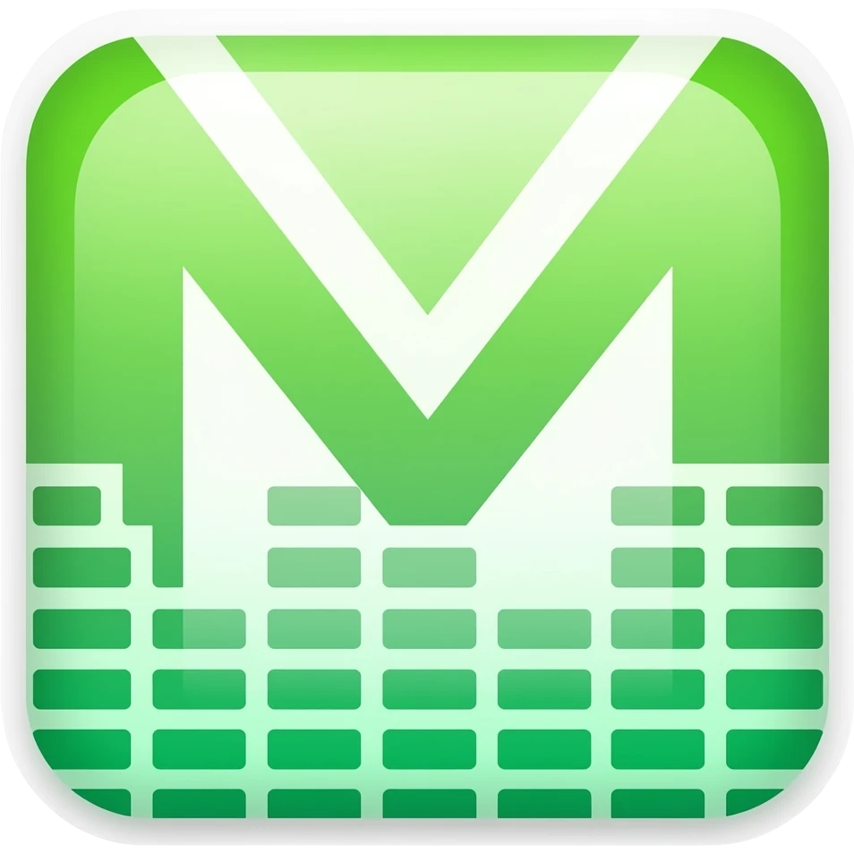 Horizontal graphic sticker. Minimal geometric "M" followed by sleek horizontal green equalizer bars building up to a bright green square. Dark theme, high-end brand design. emoji