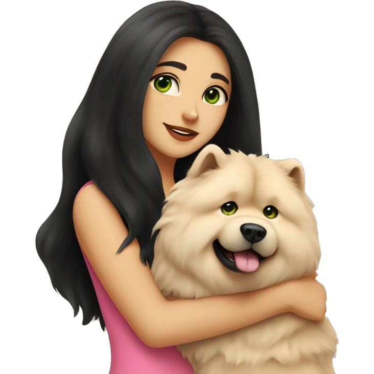 girl with very long black hair and green eyes and pink outfit hugging a beige fluffy cute chow chow dog emoji