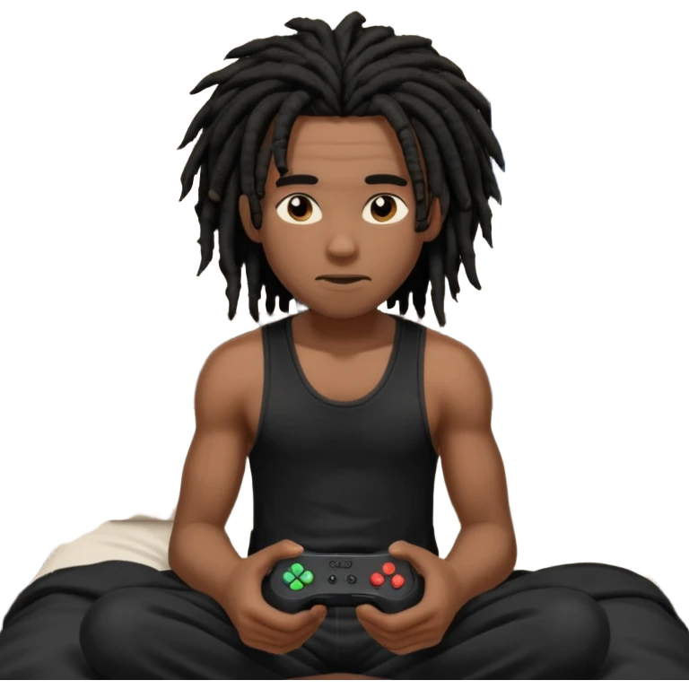 my black boyfriend in his bed with a black singlet on playing video games black dreadlocks  emoji