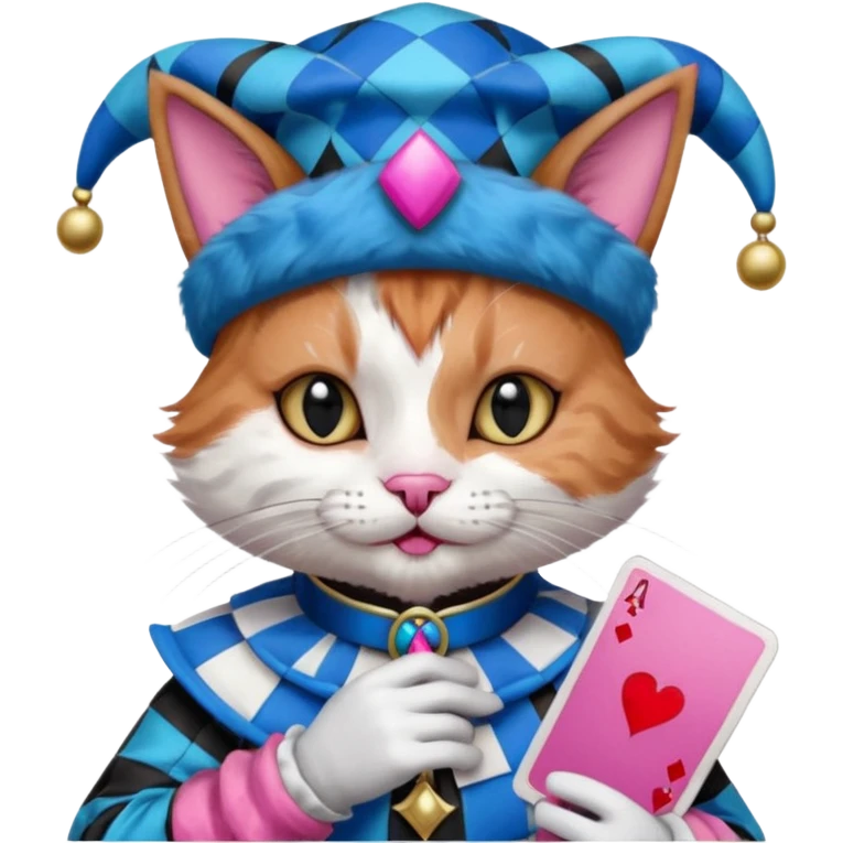 court jester cat medieval, poker card ace, pink and blue emoji