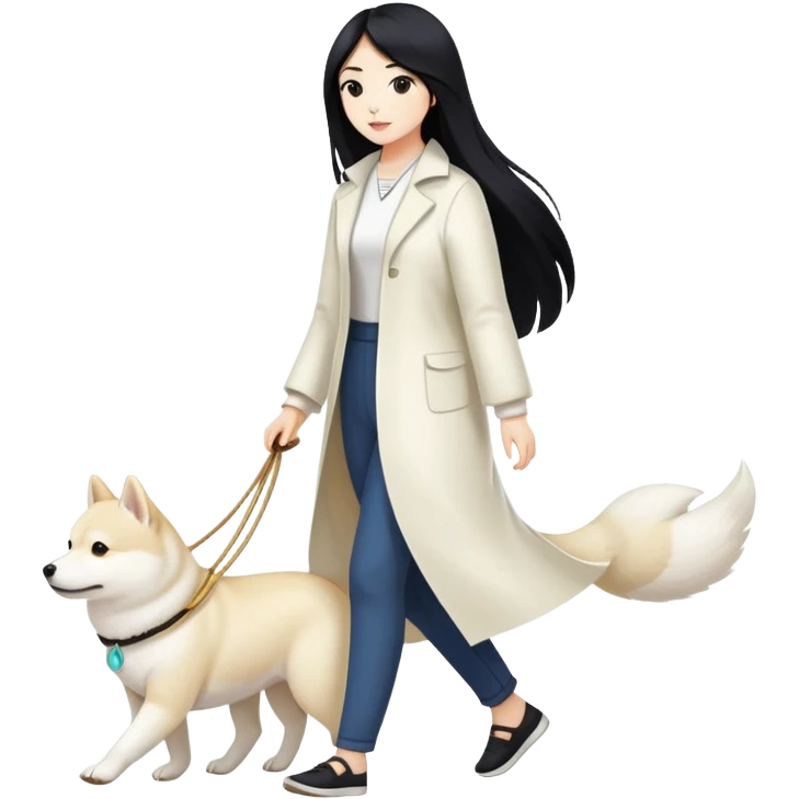 A woman with long black hair walks a white Shiba Inu emoji
