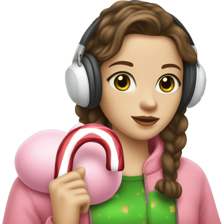 woman with brown hair and pale skin with green eyes and a pink sweatshirt and white earmuffs and holding a candy cane emoji