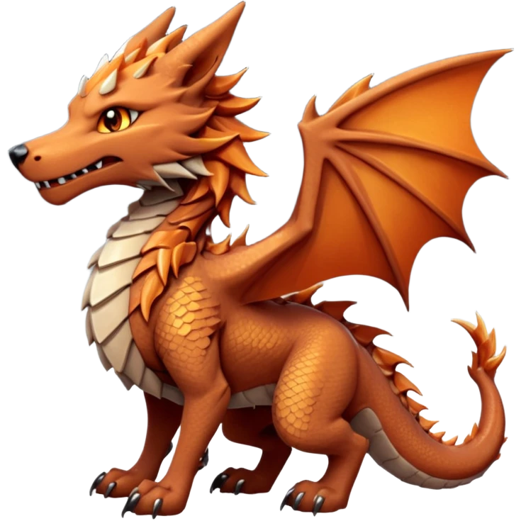 Majestic wolf-like dragon with red sandstone scales and layered plates resembling canyon rock formations. Crystallized mineral mane with copper and gold hues runs down its neck and back. Obsidian claws, amber eyes, and a tail of stone spires. Pokémon style. orange-ish brown fur/scales. emoji