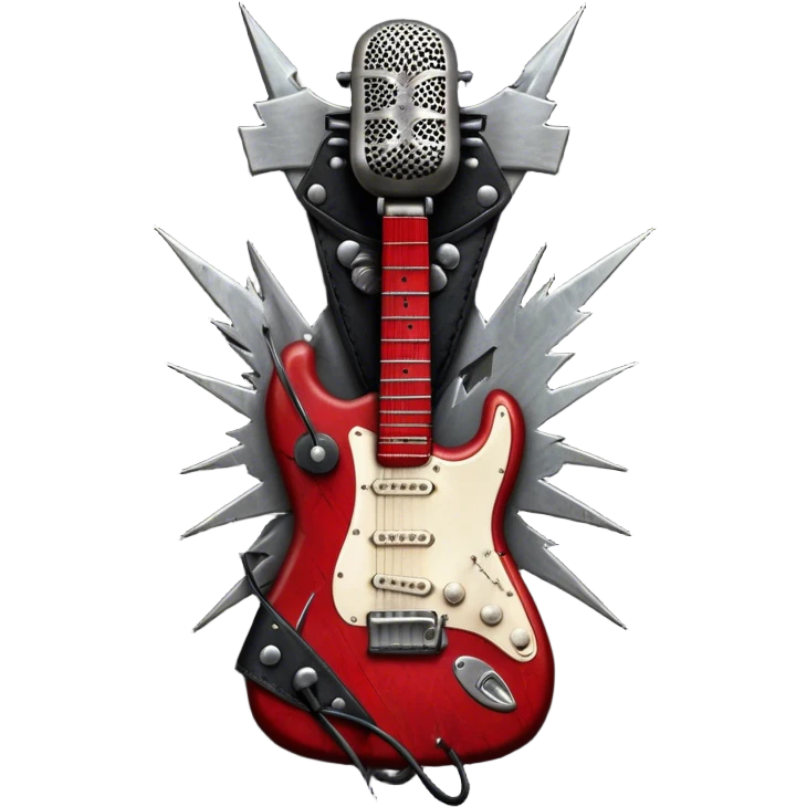 Create a powerful and dynamic humanless emoji representing rock vocals. The design should feature a classic vintage microphone with a rugged, distressed look, surrounded by elements like a guitar pick, electric guitar neck, and sound waves to reflect the raw energy of rock music. Add subtle details such as a spiked bracelet, leather textures, or bold lightning bolts to evoke the rebellious and intense spirit of rock. Use dark, edgy colors like black, red, silver, and metallic accents to emphasize the fierce, loud, and passionate nature of rock vocals. The background should be transparent. emoji