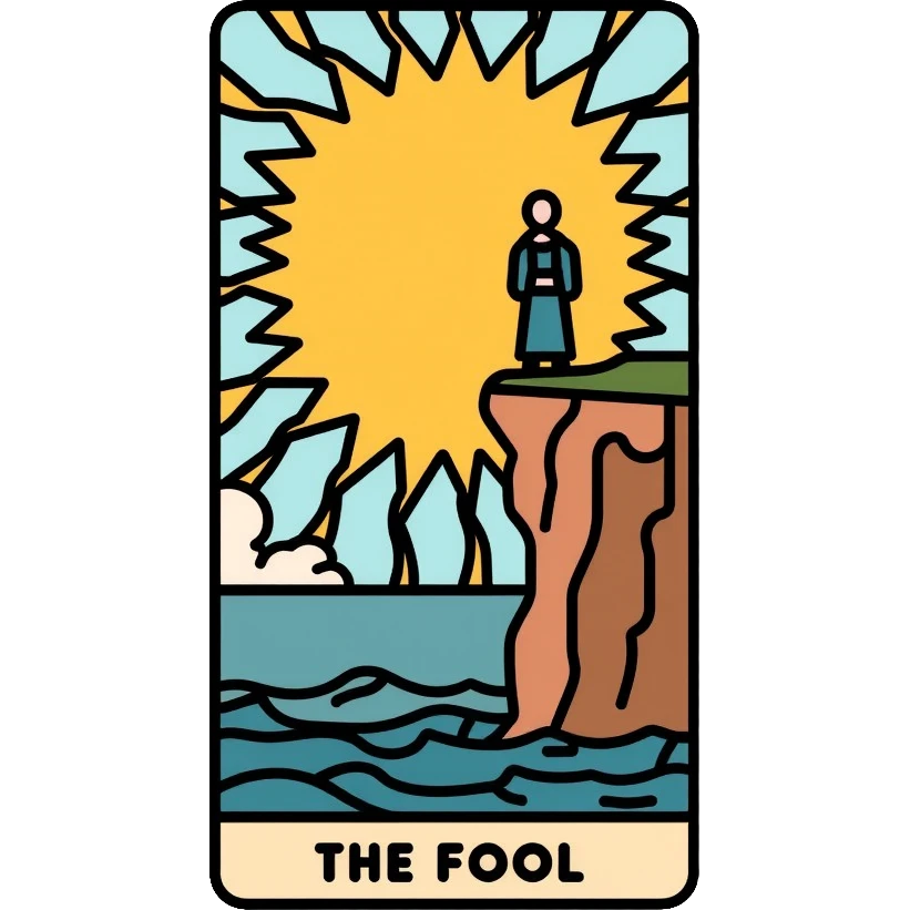 The Fool tarot card with sun in corner and figure near cliff emoji