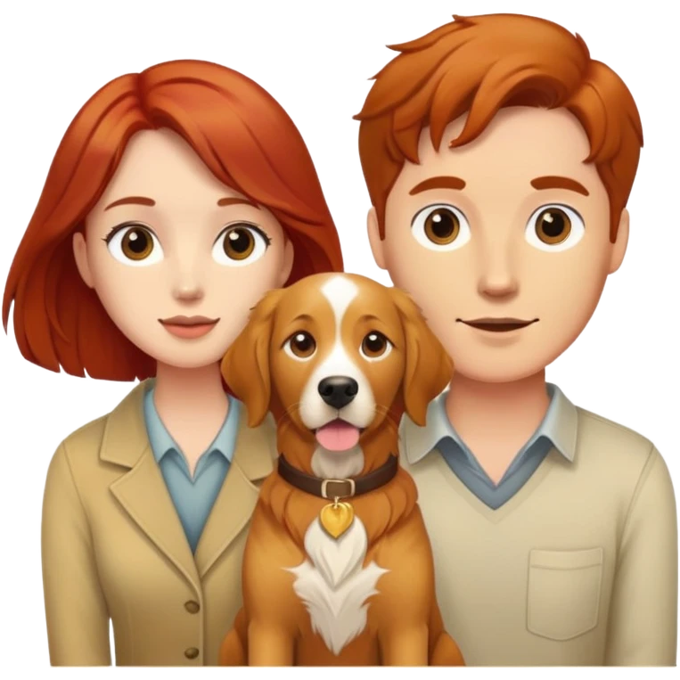 Red hair man and brown hair woman with a golden retriever between them emoji