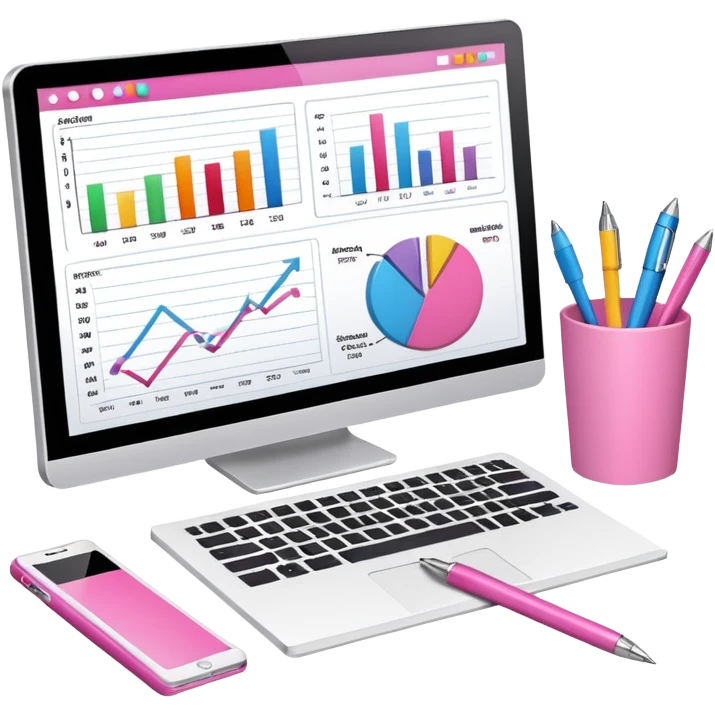 computer on a desk with papers, notes, notebook and pens showing data analysis stuff on it pink emoji