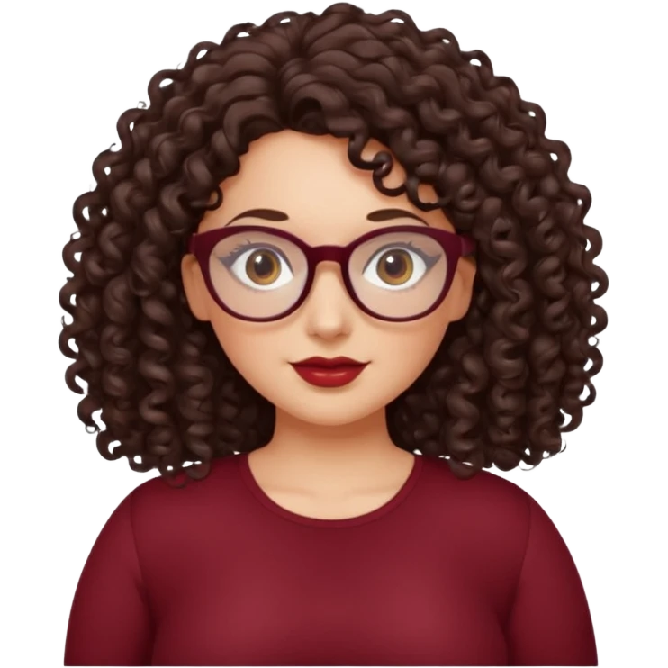brunette , curly long hair , gray eyes , dark red glasses , curvy emoji