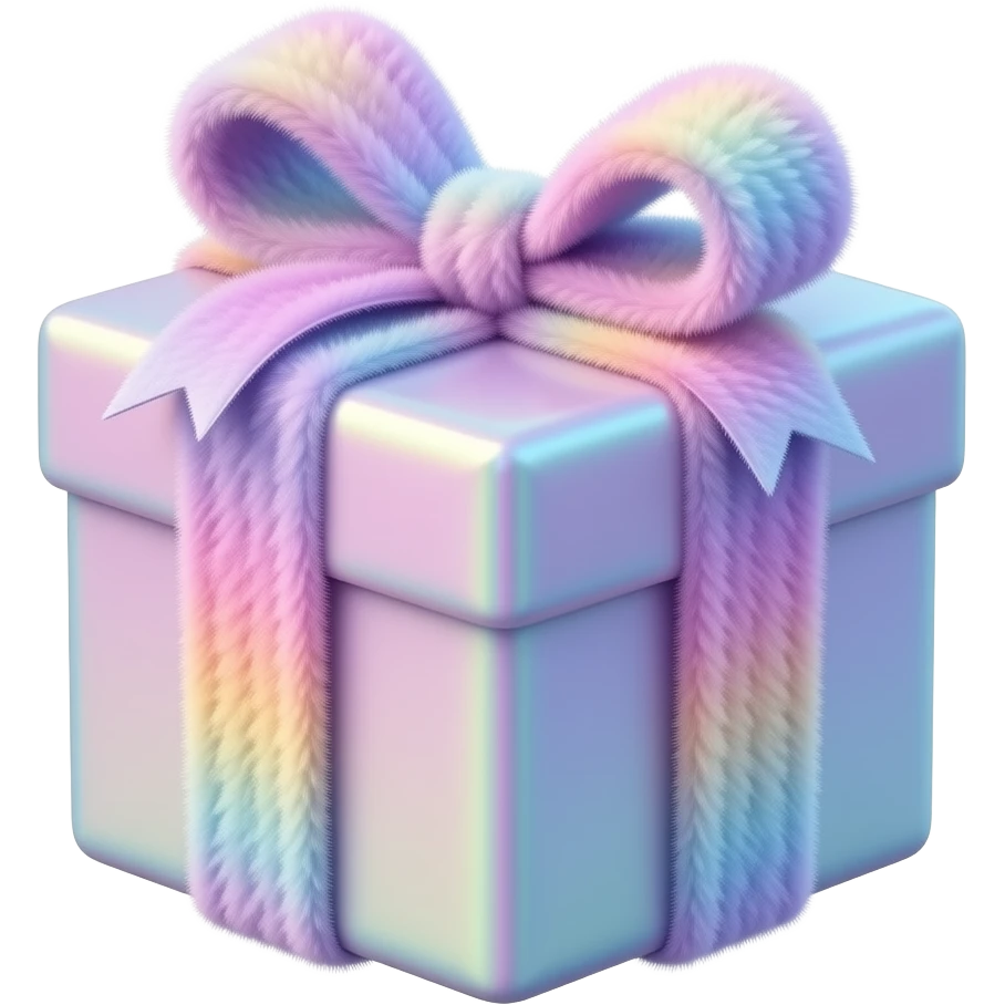 Hyperrealism, highly detailed wrapped gift, with realistic detailed opalescent ombre brightly colored girly style fluffy ribbon, high definition, must have no emoji icons, no emoji symbols emoji