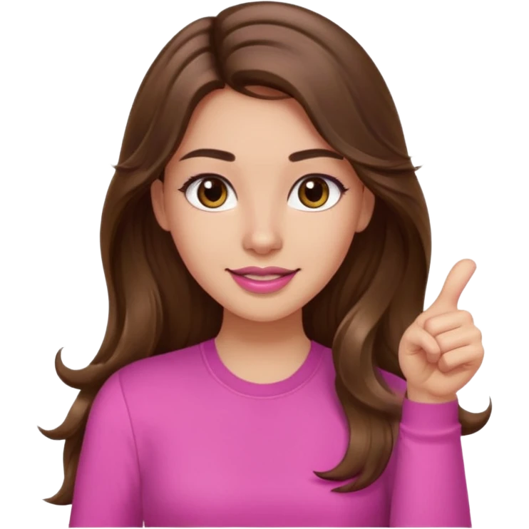 girl with long wavy brown hair, brown eyes, light to medium complexion, in a pink shirt, pink lips, long lashes, thumbs up emoji