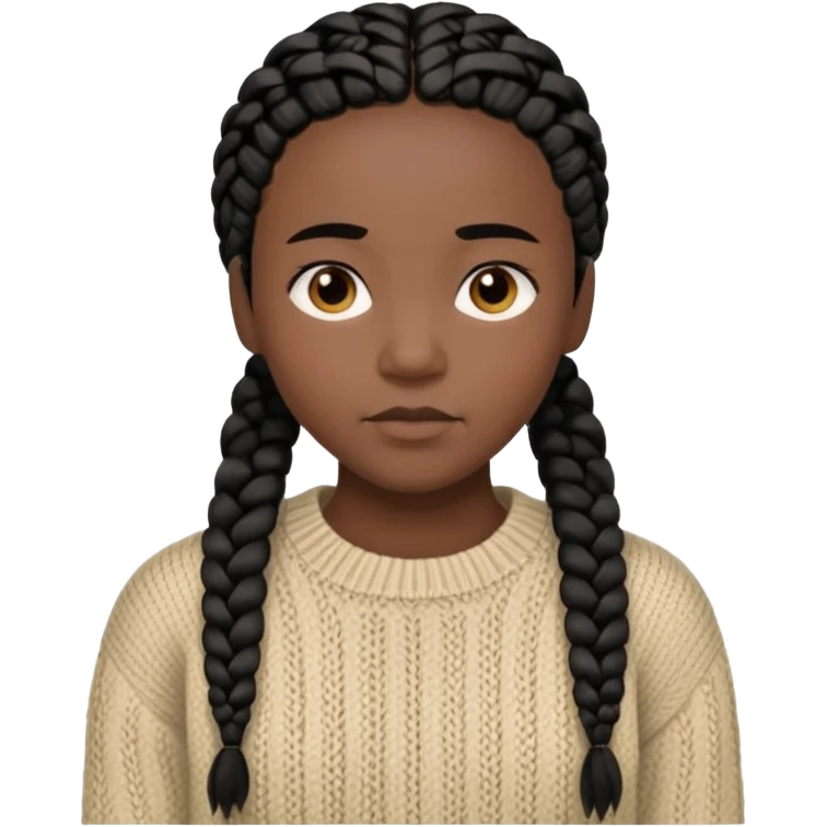 Her black skin glows warmly under the natural light, enhanced by the gentle textures of her knitted beige sweater and black hair in cornrows. her serene expression brings a quiet strength to the portrait.  emoji