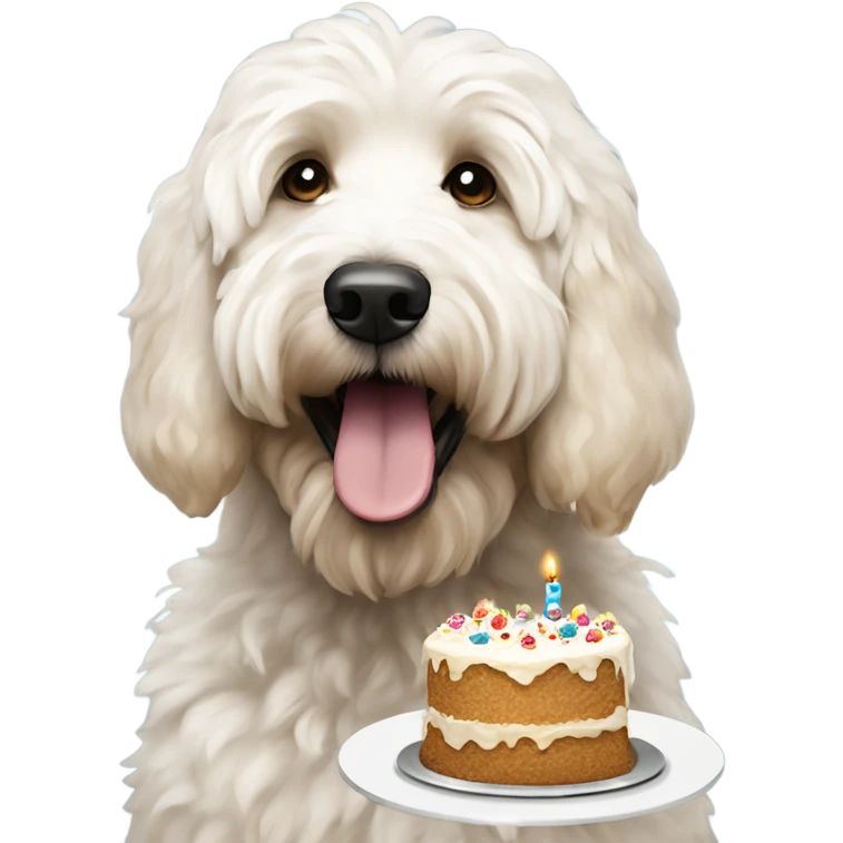 Shaggy large White Goldendoodle with tan on ears eating birthday cake  emoji