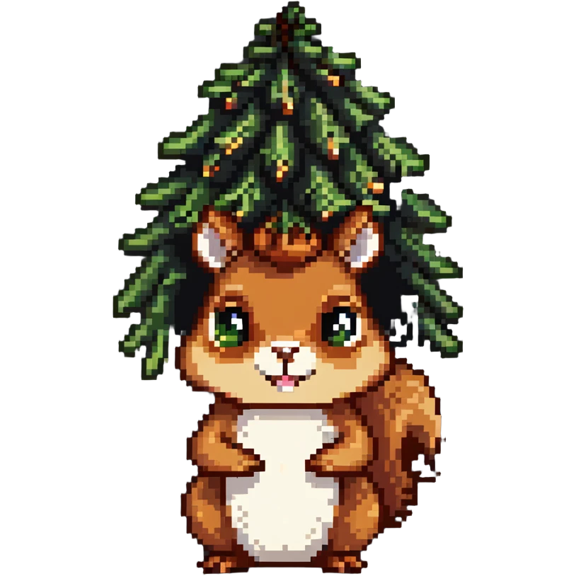 A greedy squirrel with a large pine cone balanced on its head, with a weird facial expression and wide eyes emoji