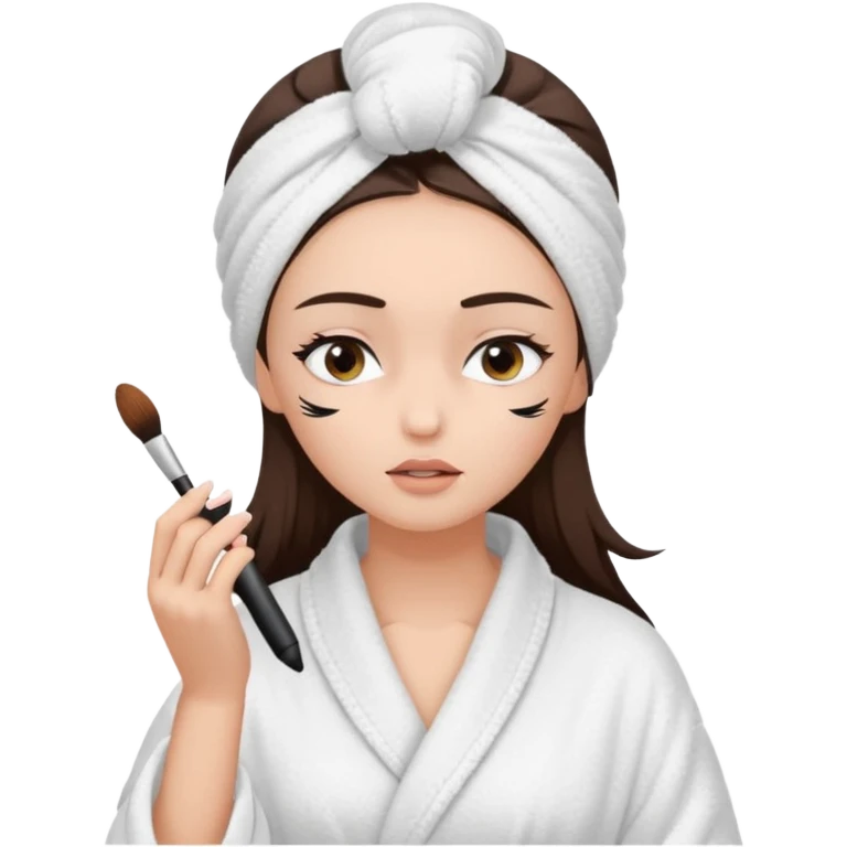 Girl with brown hair in white dressing gown and white towel wrapped in her head doing her makeup. Eyes closed white dark hair and towel wrapped differently doing mascara emoji